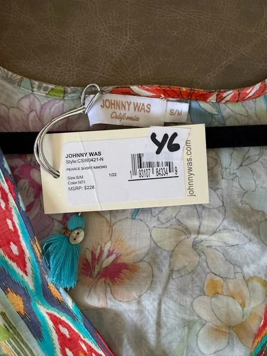 Johnny Was Pearce Short Kimono/Swim Coverup with front tasseled ties S/M - Picture 8 of 8